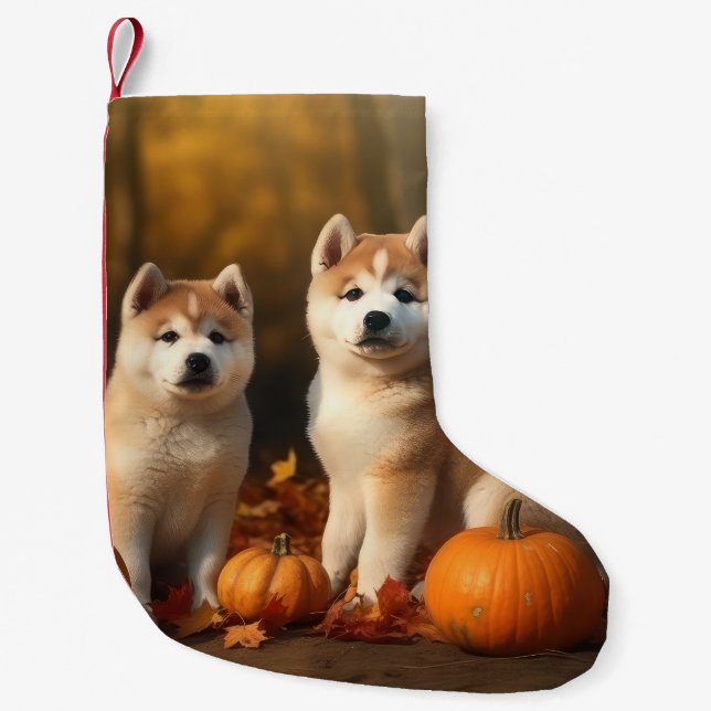 Meia De Natal Pequena Akita Puppy Autumn Delight Pumpkin (Frente)
