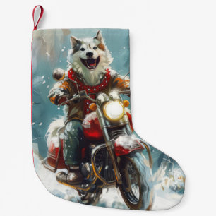 Meia De Natal Pequena Alaskan Malamute Dog Dirigindo Motocicleta Natal