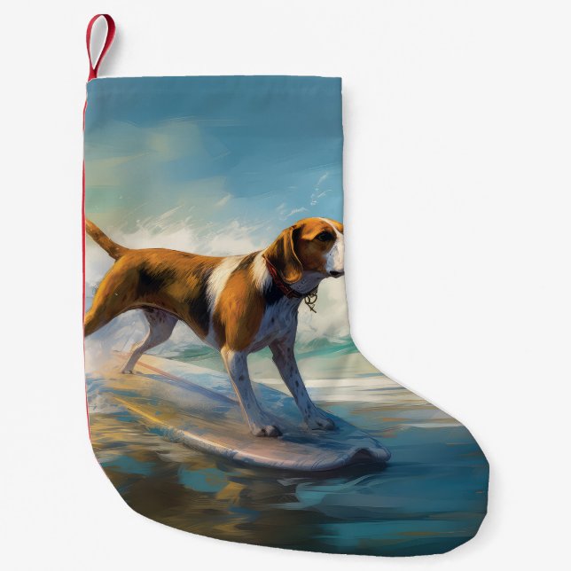 Meia De Natal Pequena American Engligh Foxhound Beach Surfing Painting (Frente)