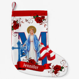 MEIA DE NATAL PEQUENA AMERICAN FLAG VIRGIN MARY RELIGIOSOS ROSAS