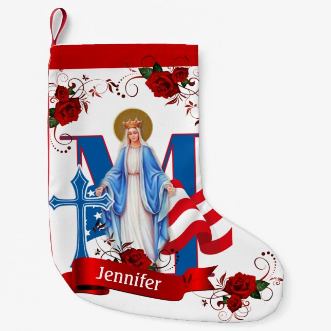 MEIA DE NATAL PEQUENA AMERICAN FLAG VIRGIN MARY RELIGIOSOS ROSAS (Frente)