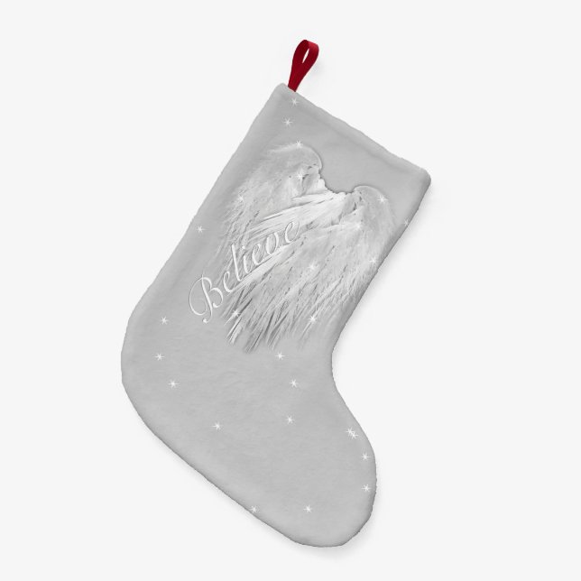Meia De Natal Pequena ANGEL WINGS &#x27;Acredite&#x27; Heart Starry Sparkle (Frente (Pendurada))