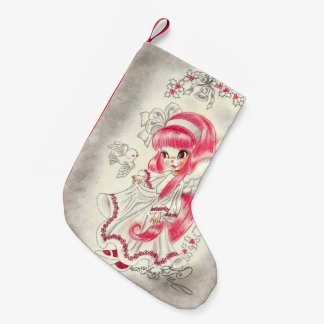 Meia De Natal Pequena Anjo de Natal Fofo Com Cabelo Vermelho e Azevinho