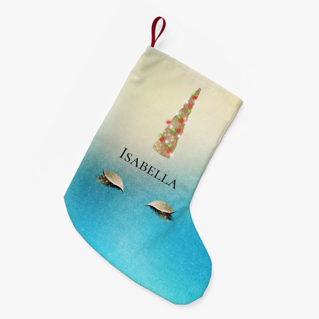 Meia De Natal Pequena Aqua Cream Dourado Sparkle Glam Unicorn Luzes (Frente (Pendurada))