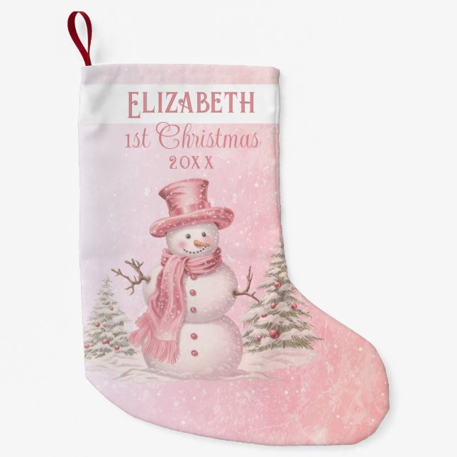 Meia De Natal Pequena Aquarela Showman Baby - Meu Primeiro Natal Rosa (Frente)