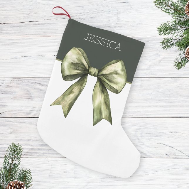 Meia De Natal Pequena Arco Verde-Azeitoleira Moderno Natal Bonito (Olive Green Watercolor Bow Modern Cute Christmas Small Christmas Stocking)