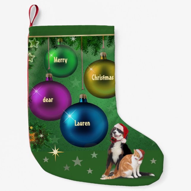 Meia De Natal Pequena Armazenamento de Xmas Personalizável com Pets (Frente)