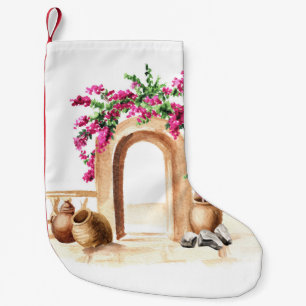 Meia De Natal Pequena Arquitetura mediterrânica, flores, aquarela, h