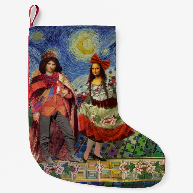 Meia De Natal Pequena Arte Colorida Divertida e Romântica da Mona Lisa (Frente)