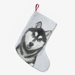 Meia De Natal Pequena Arte de Cachorro Siberiana (Preta e Branca)