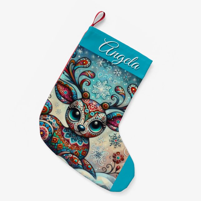 Meia De Natal Pequena Arte Foliar de Natal Whimsical Big Eyes (Frente (Pendurada))