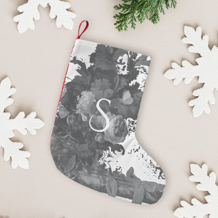 Meia De Natal Pequena Artística Floral Preta e Branca Personalizada