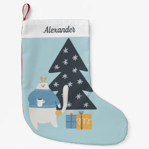 Meia De Natal Pequena Árvore de natal de ornamentação azul de gato branc