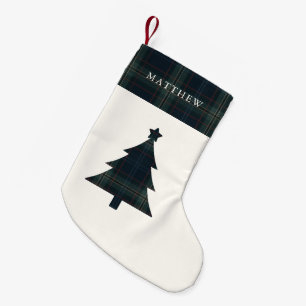 Meia De Natal Pequena Árvore de Natal de Xadrez Verde e Azul Elegante