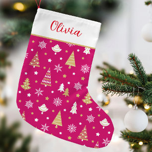 Meia De Natal Pequena Árvore de Natal Festiva Nome Personalizado Rosa