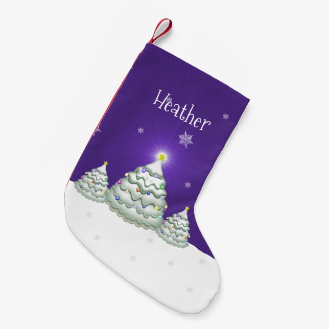 Meia De Natal Pequena Árvore de Natal Roxo Neve (Frente (Pendurada))