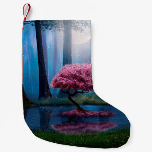 Meia De Natal Pequena Árvore rosa e lagoa no bosque à noite