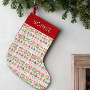 Meia De Natal Pequena Árvores de Natal em Linho – Design Vermelho Verde