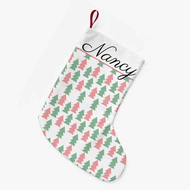 Meia De Natal Pequena Árvores de Natal Modernas Rosa Verde (Frente (Pendurada))