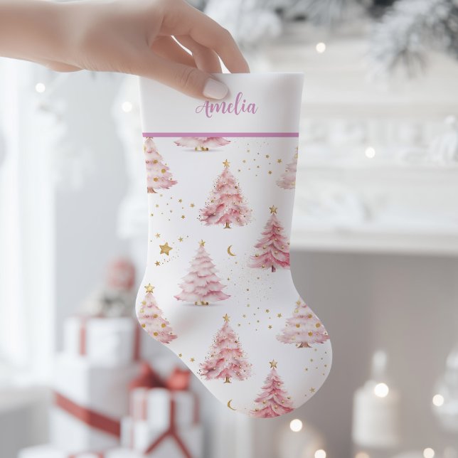 Meia De Natal Pequena Árvores de Natal Rosa (Pink Christmas Trees Stocking)