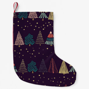 Meia De Natal Pequena Árvores de rabisco, estrelas, azul escuro.