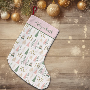 Meia De Natal Pequena Árvores Nórdicas Rosa e Verde Hygge Scandi Nome