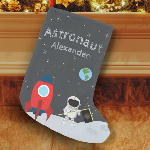 Meia De Natal Pequena Astronauta de Menino na Lua, Nome Monograma