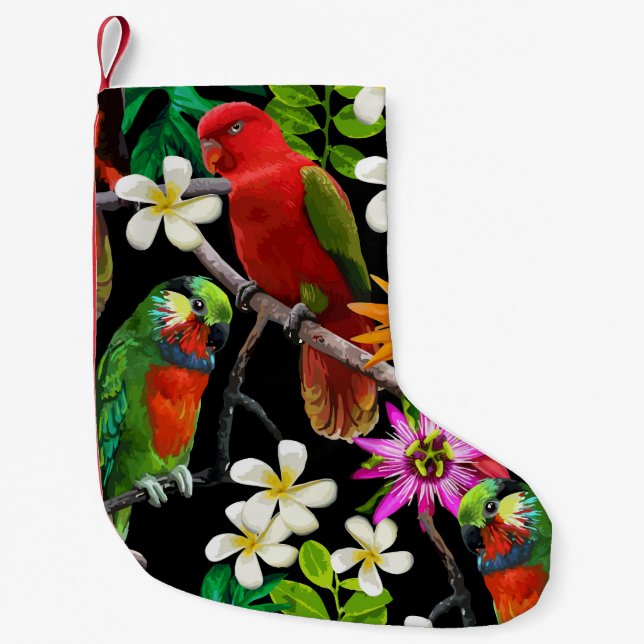 Meia De Natal Pequena aves exóticas e flores lindas (Frente)