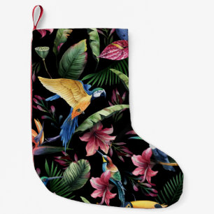 Meia De Natal Pequena Aves tropicais, flores: padrão de aquarela.