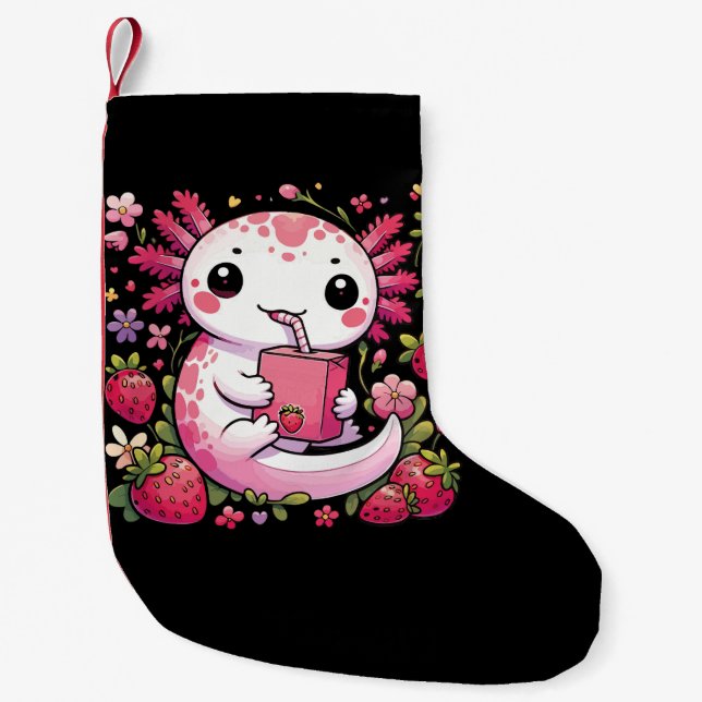 Meia De Natal Pequena Axolotl Bebendo Japonês Leite de Morango (Frente)
