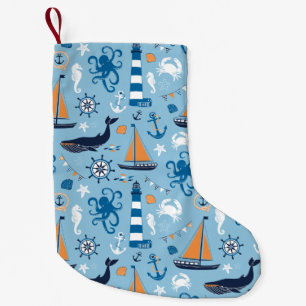Meia De Natal Pequena Azul e laranja náuticos de oceano