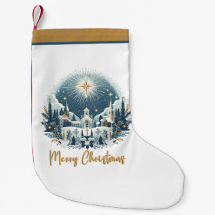 Meia De Natal Pequena Azul Feliz Natal e ouro