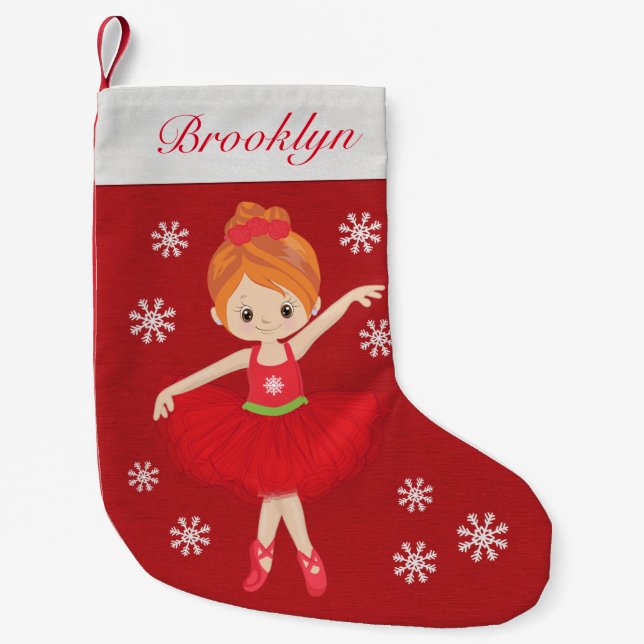 Meia De Natal Pequena Ballerina de Natal Personalizada do Cabelo Vermelh (Frente)