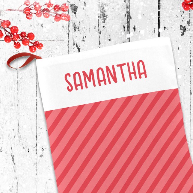 Meia De Natal Pequena Bandas de Natal Brancas Vermelhas Personalizadas (Cute whimsical red striped Christmas stocking with whimsical cute typography. )