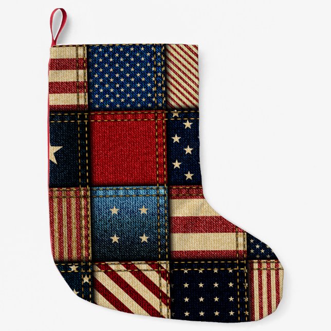 Meia De Natal Pequena Bandeira Americana, Patchwork Perfeitamente Padrão (Frente)