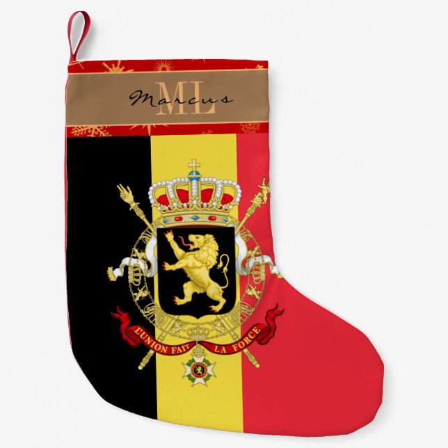 Meia De Natal Pequena Bandeira belga, Bélgica, floco de neve monograma (Frente)