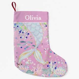 Meia De Natal Pequena Bateria De Sereia Com Glitter Whimsical Sob O Mar