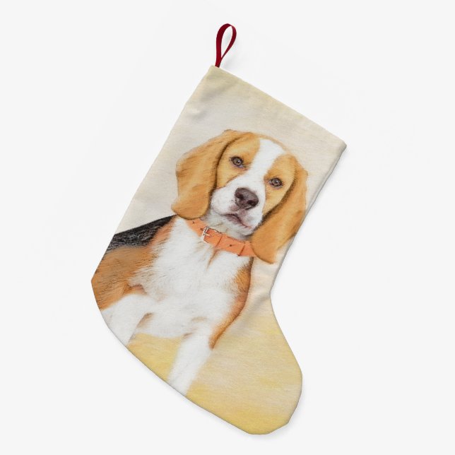 Meia De Natal Pequena Beagle Hound Dog Painting Original Animal Art (Frente (Pendurada))