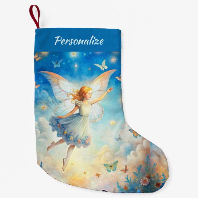 Meia De Natal Pequena Beautiful Angel Flying in Clouds with Butterflies (Frente)