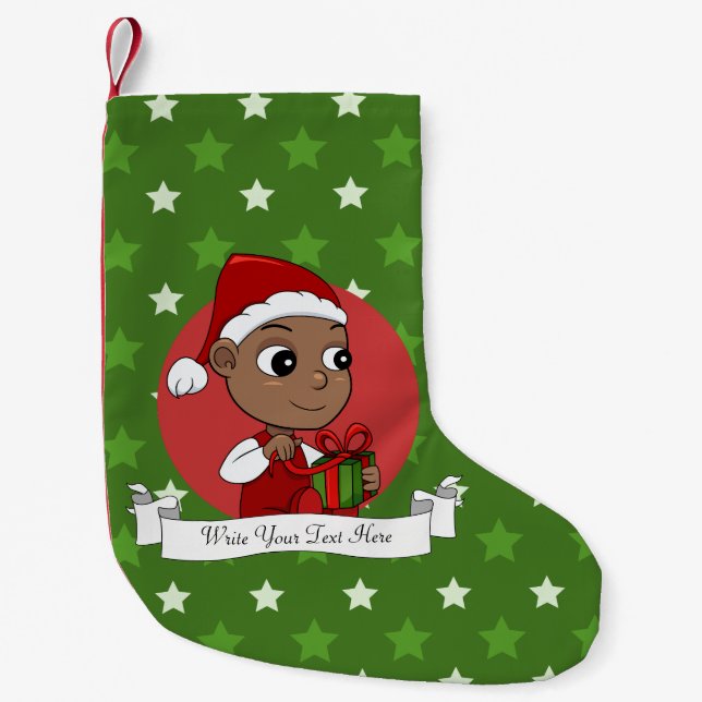 Meia De Natal Pequena Bebê afro-americano bonito com chapéu de Papai Noe (Frente)