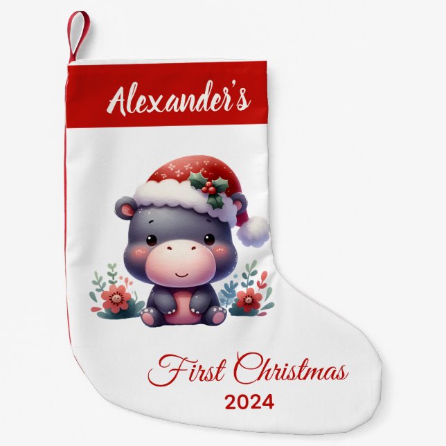 Meia De Natal Pequena Bebê primeiro Natal bonitinho Hippo personalizado (Frente)