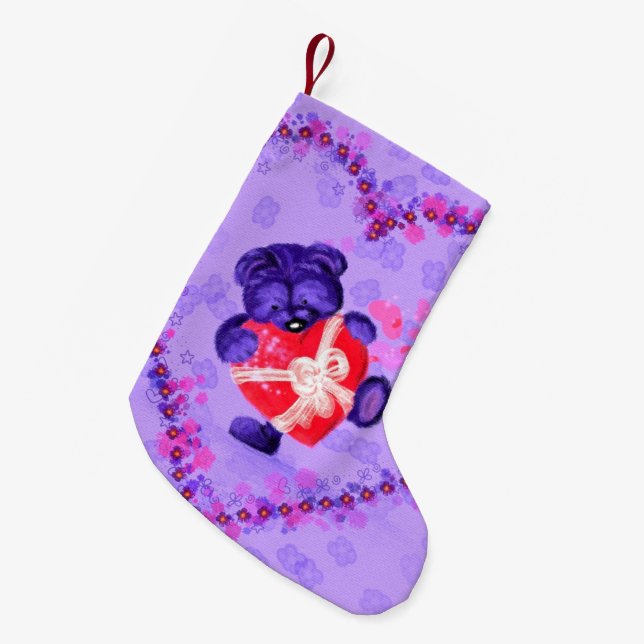 Meia De Natal Pequena Bebê Urso com Coração Presente no Natal (Frente (Pendurada))