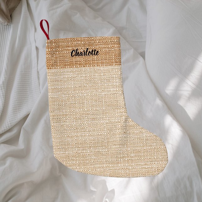 Meia De Natal Pequena Beige burlap name moderno (Criador carregado)