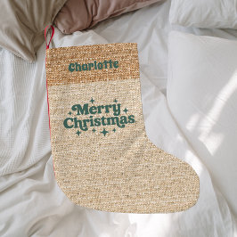 Meia De Natal Pequena Beige Burlap name retro Feliz Natal
