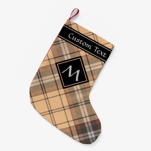 Meia De Natal Pequena Beige e Brown Tartan (Frente (Pendurada))