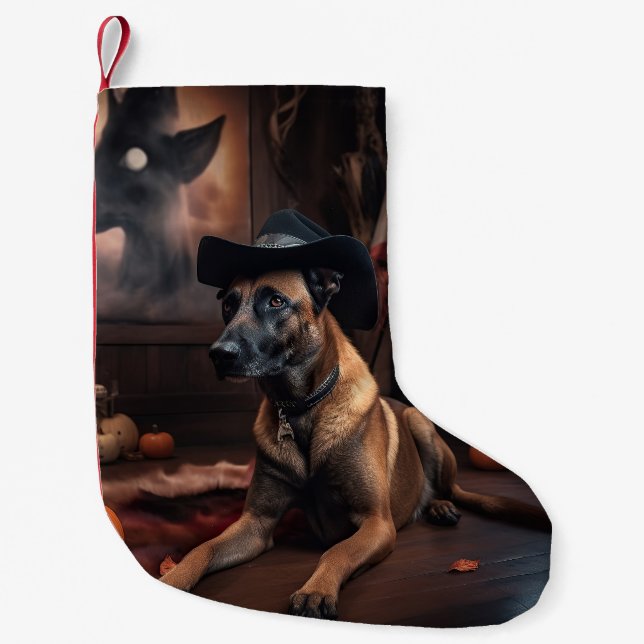 Meia De Natal Pequena Belga Malinois Pumpkins Halloween Scary (Frente)