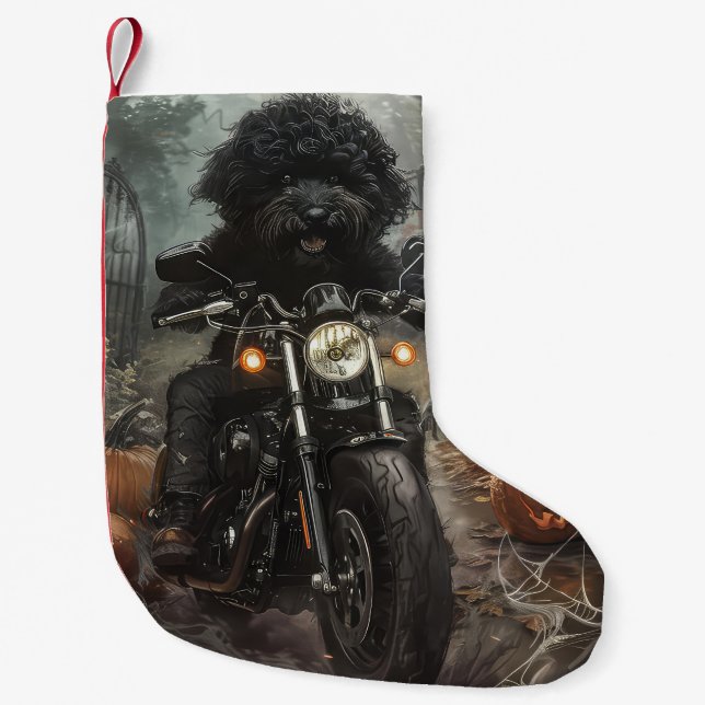 Meia De Natal Pequena Bernedoodle Riding Motorcycle Halloween Scary (Frente)