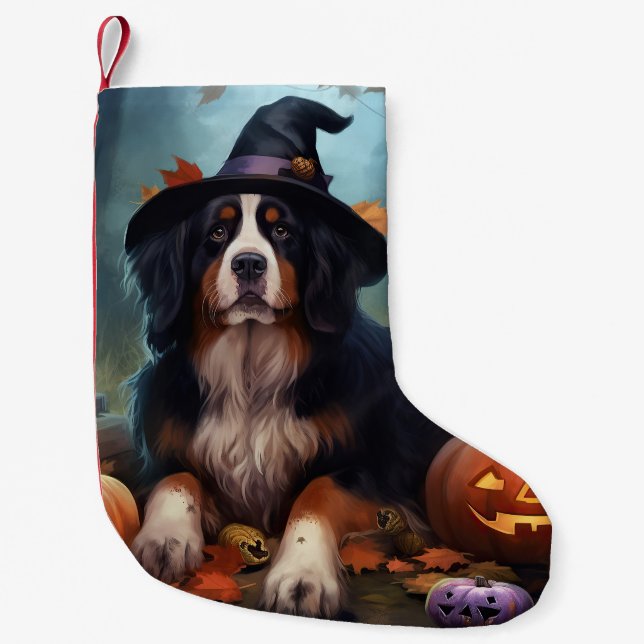 Meia De Natal Pequena Bernese Mountain Pumpkins Halloween Assustado (Frente)