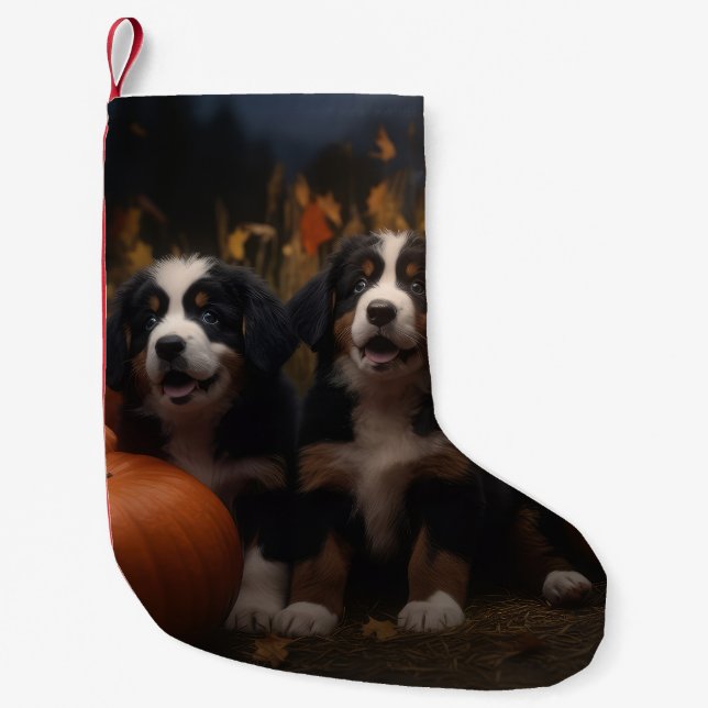 Meia De Natal Pequena Bernese Mountain Puppy Autumn Delight Pumpkin (Frente)