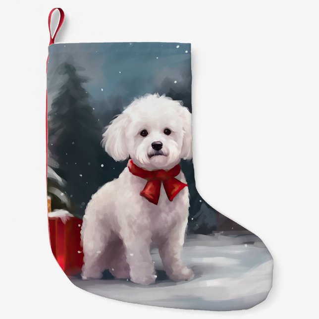 Meia De Natal Pequena Bichon Frise Dog no Natal da Neve (Frente)
